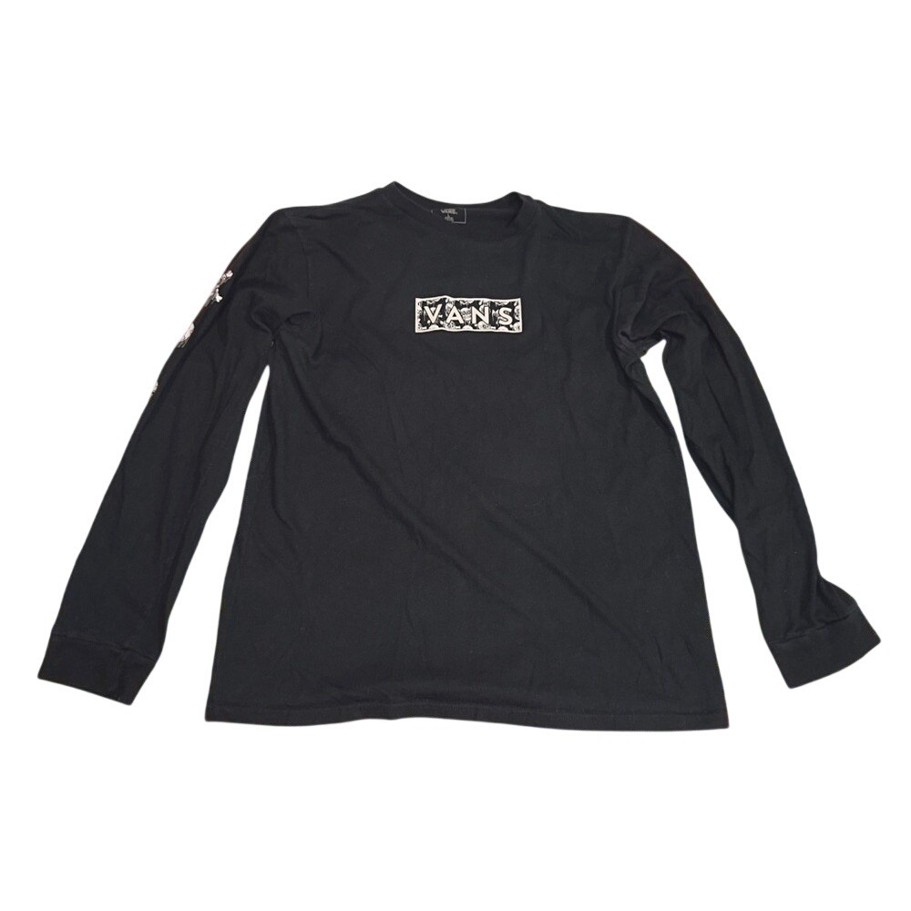 Vans Boys Black Graphic Long Sleeve Tee Skull Box‎ Logo Shirt Size L 12-14